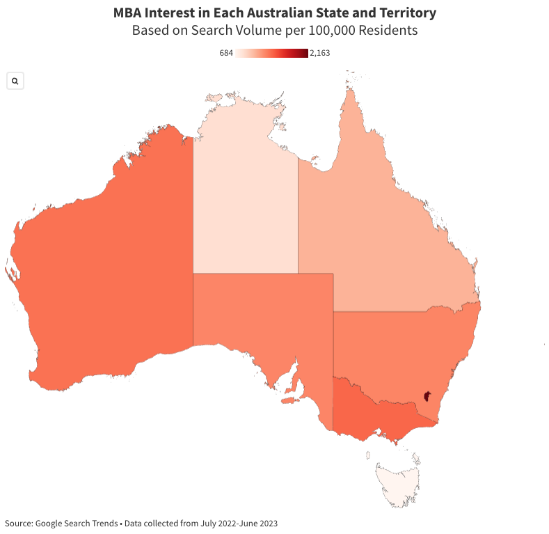 Data visualisation of MBA interest in each Australian state