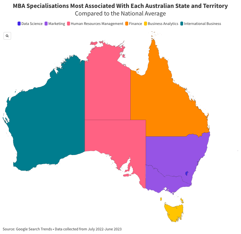 Data visualisation of MBA specialisations according to Australian states