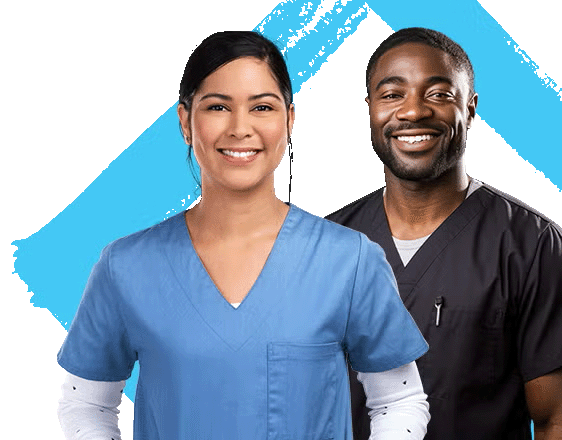 Two healthcare professionals in blue and black uniforms with a blue graphic.