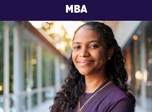 A woman in a purple shirt posing outdoors with a "MBA" banner overlay.