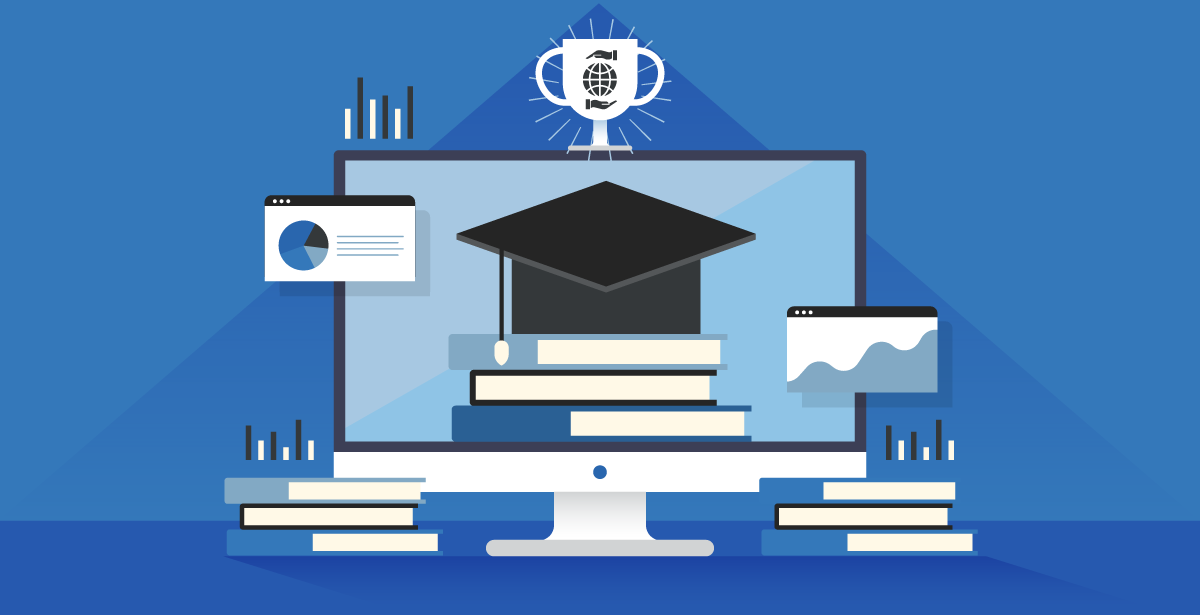 Illustration of a graduation cap, a computer and books.