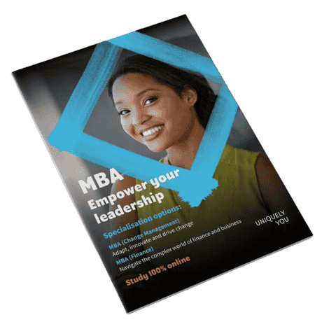 An MBA brochure featuring a woman with a blue design overlay.