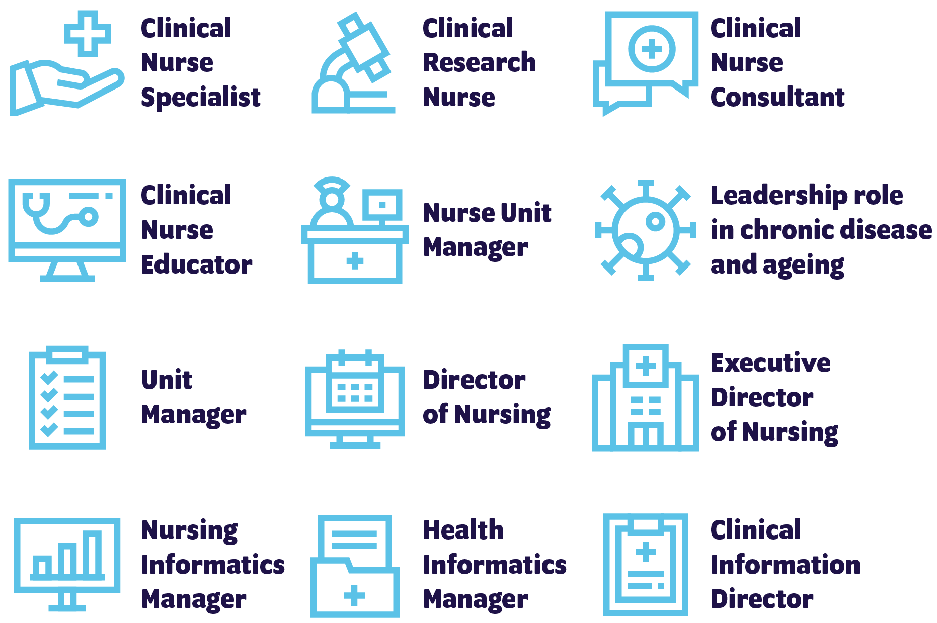 A graphic illustrating various nursing career paths with icons and text for roles like Clinical Nurse Specialist and Director of Nursing.